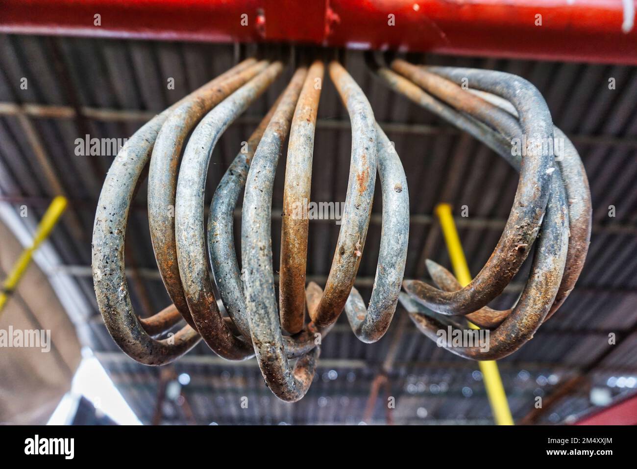 iron hangers for hanging animals in the slaughterhouse Stock Photo