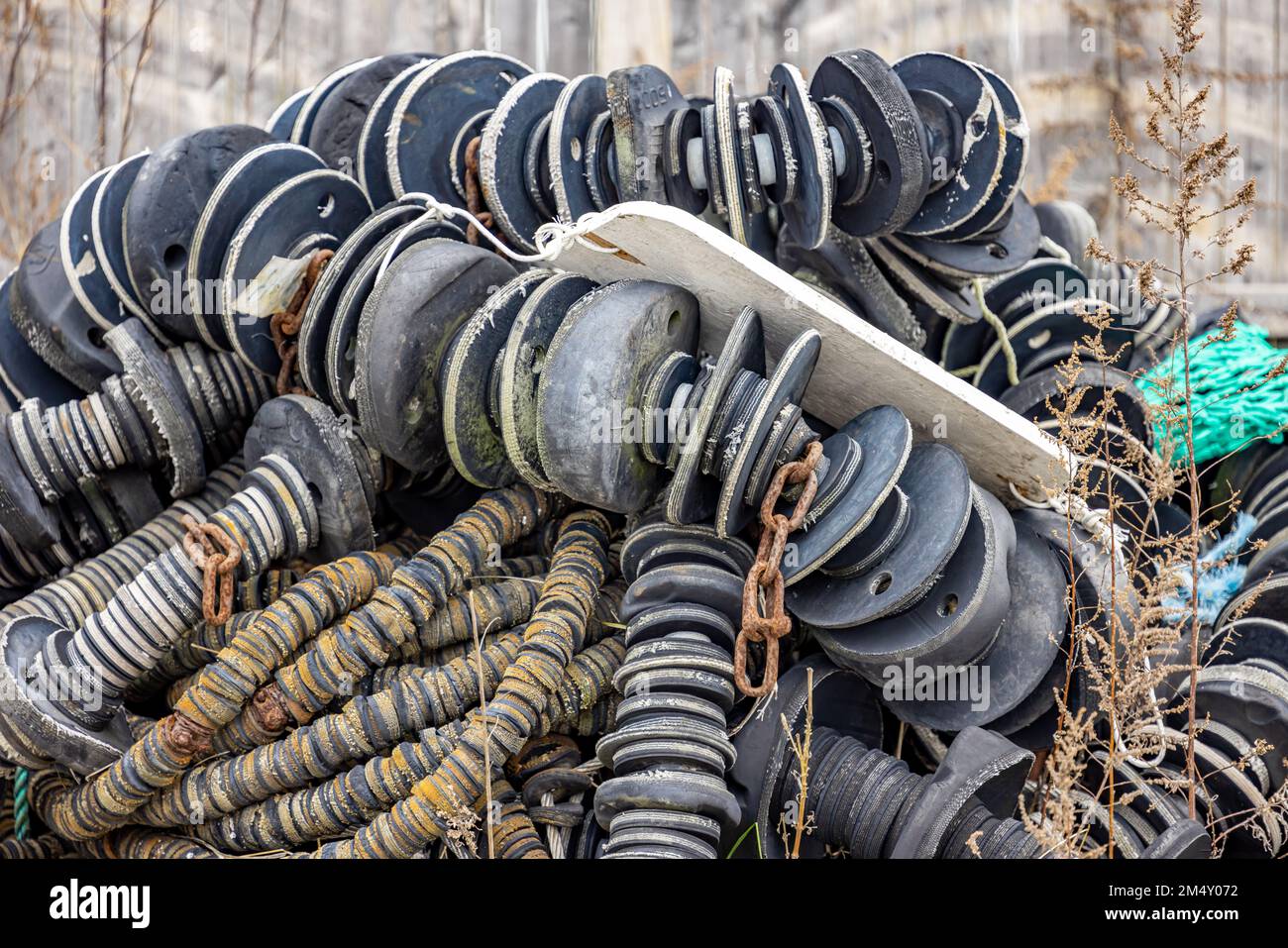 detail image of a pile of commerical fishing nets in Montauk, NY Stock Photo