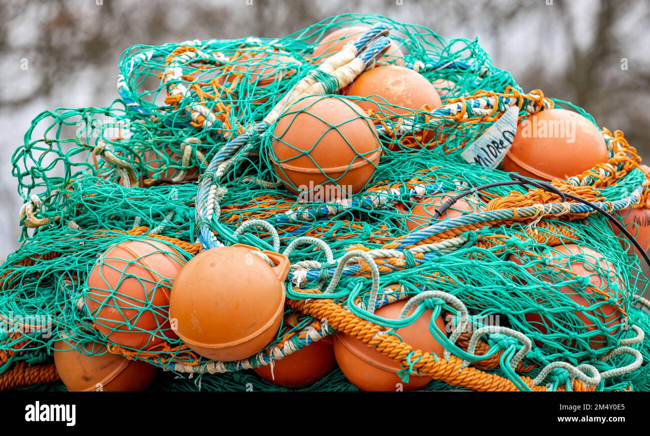 detail image of a pile of commerical fishing nets in Montauk, NY Stock Photo