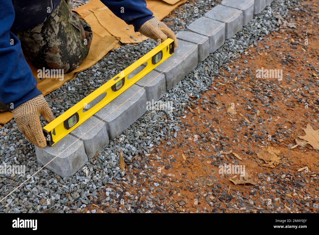 Professional paver worker performs laying of stones for paving pathway by master. Stock Photo