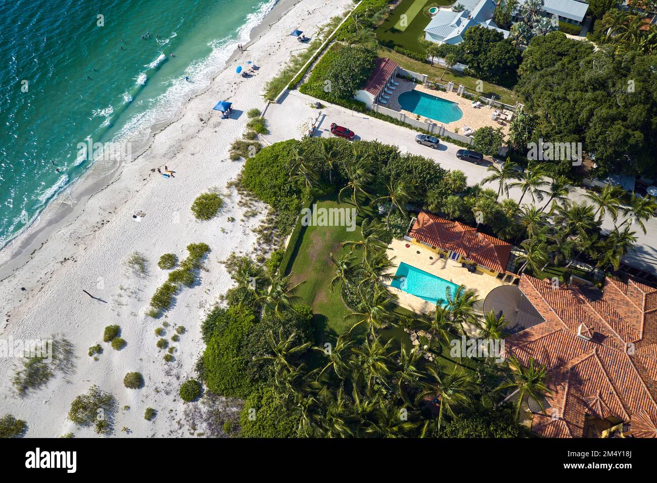 Aerial view of rich neighborhood with expensive homes in Boca Grande