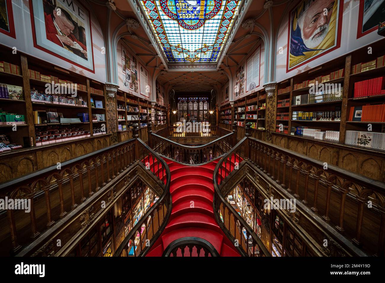 Interior view of Lello Bookstore (Portuguese: Livraria Lello) with its famous wooden staircase in the Historic Centre of Porto (Oporto), Portugal. Stock Photo