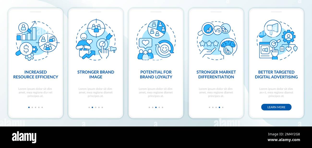 Benefits of market segmentation blue onboarding mobile app screen Stock ...