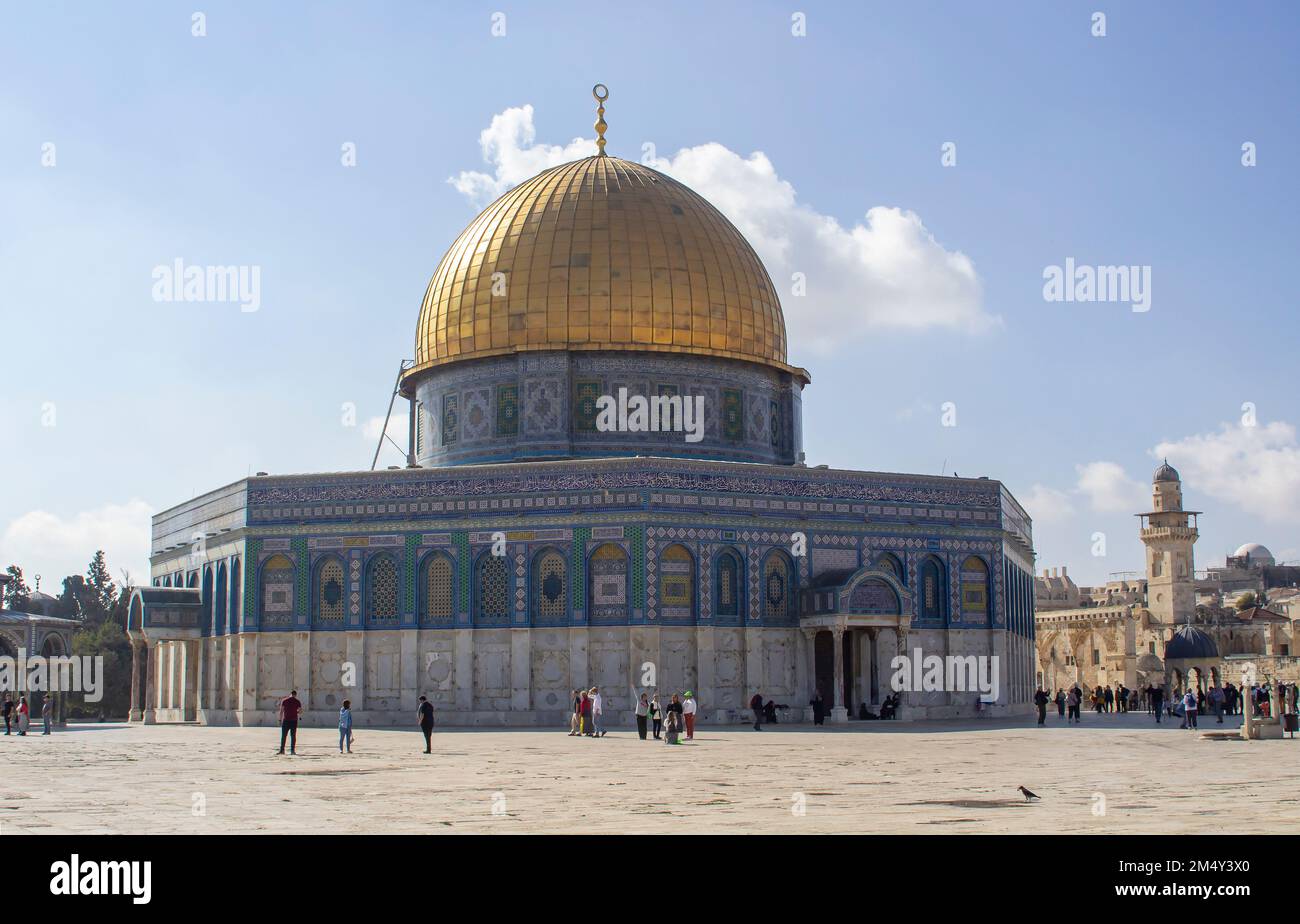 10 May 2018 Tourists visiting the ancient Dome of the Rock Islamic Holy Place. Built on the site of the ancient Jewish Biblical Solomon's Temple in Je Stock Photo