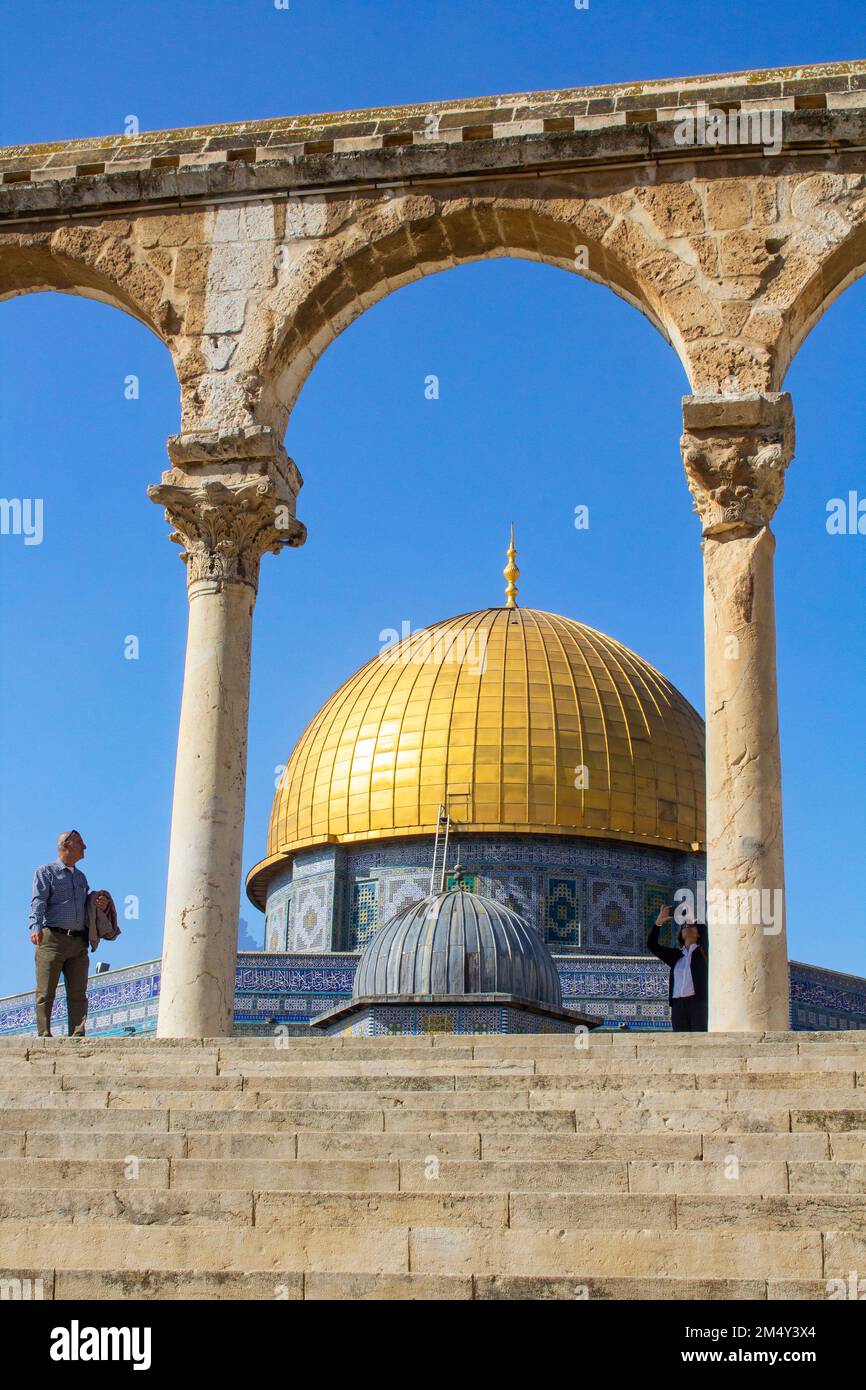 10 May 2018 Tourists on the steps at the ancient Dome of the Rock Islamic Holy Place. Built on the site of the ancient Jewish Biblical Solomon's Templ Stock Photo