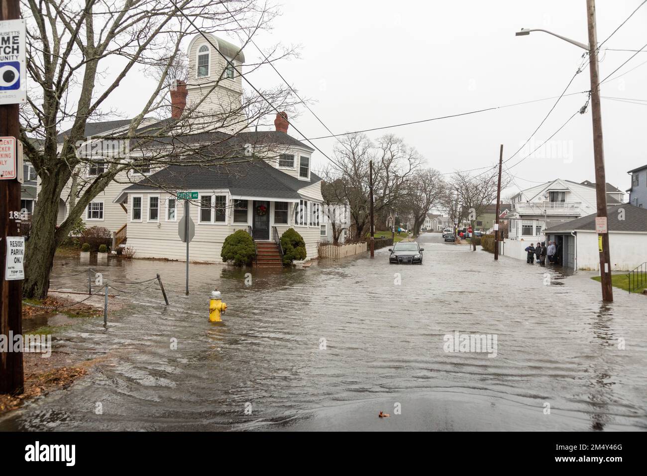 Dec. 23, 2022. Salem, MA. Ocean flooding on streets in Salem Willows