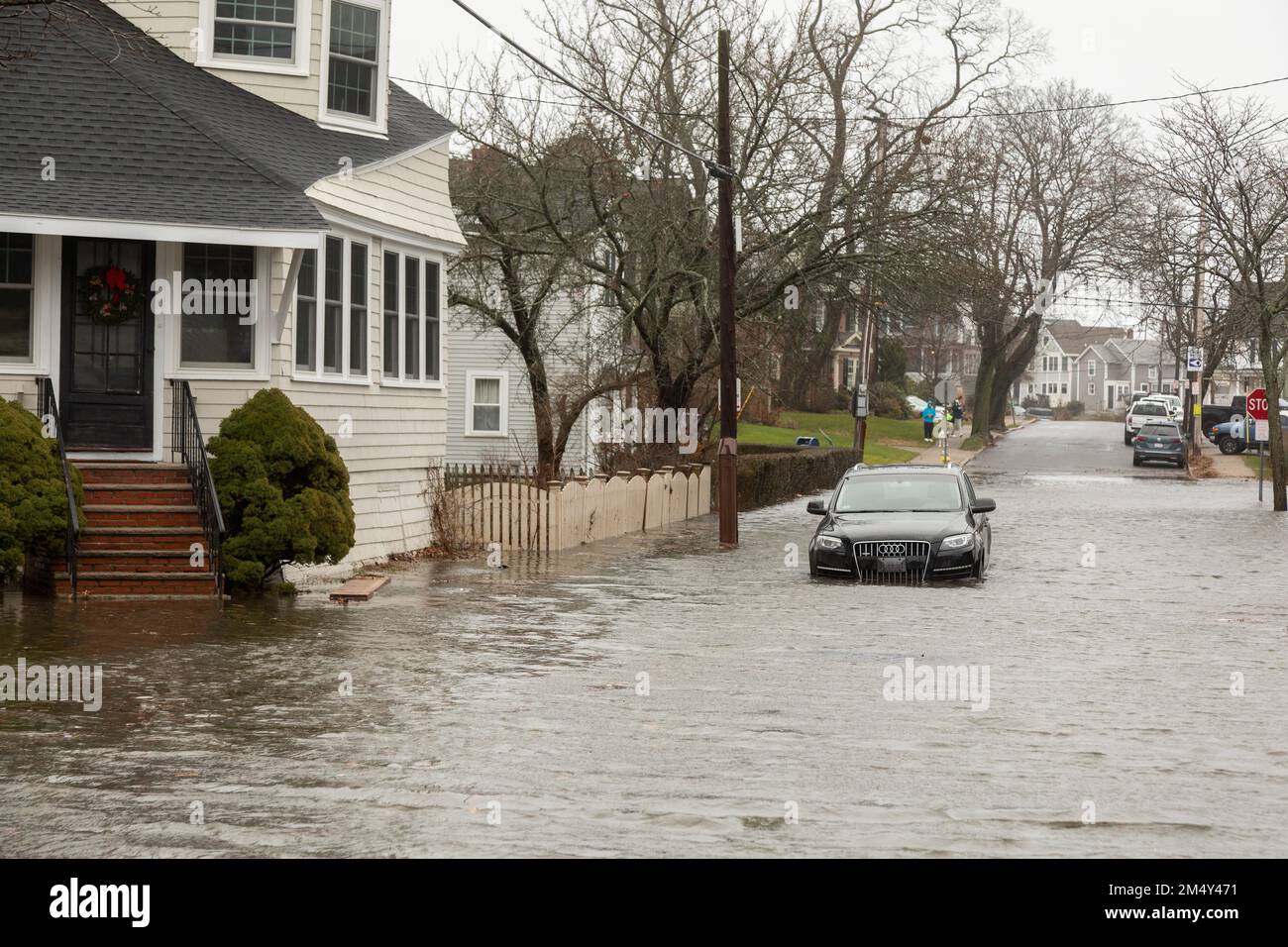Dec. 23, 2022. Salem, MA. Ocean flooding on streets in Salem Willows