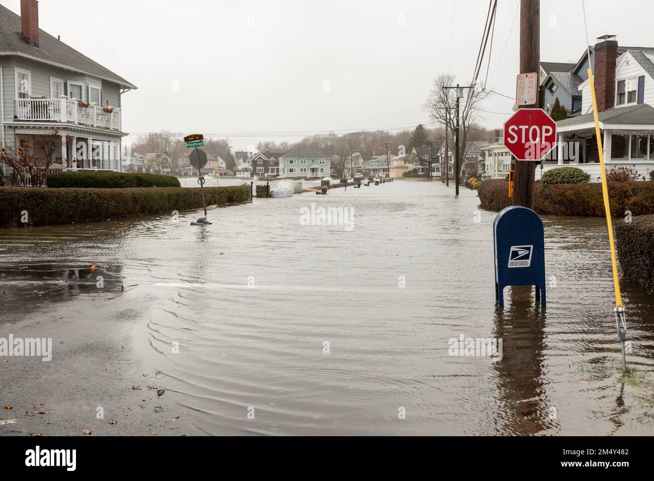 Dec. 23, 2022. Salem, MA. Ocean flooding on streets in Salem Willows