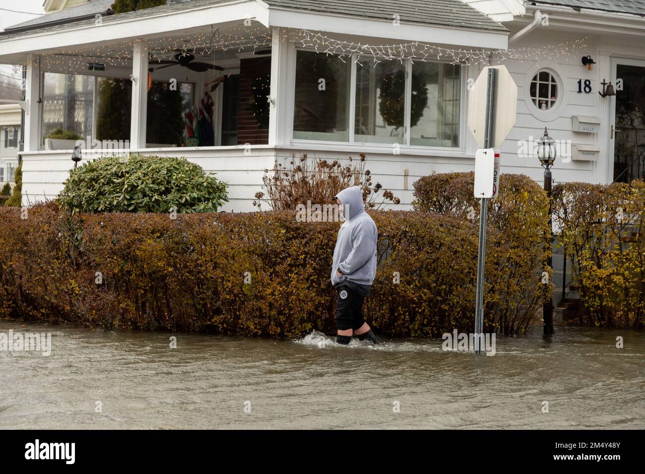 Dec. 23, 2022. Salem, MA. Ocean flooding on streets in Salem Willows