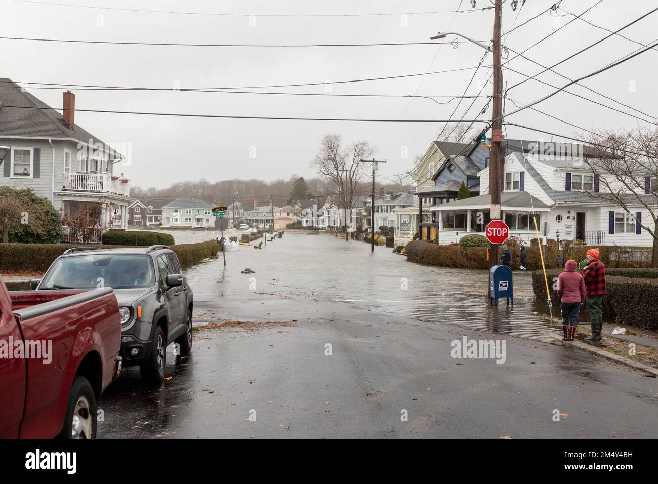 Dec. 23, 2022. Salem, MA. Ocean flooding on streets in Salem Willows
