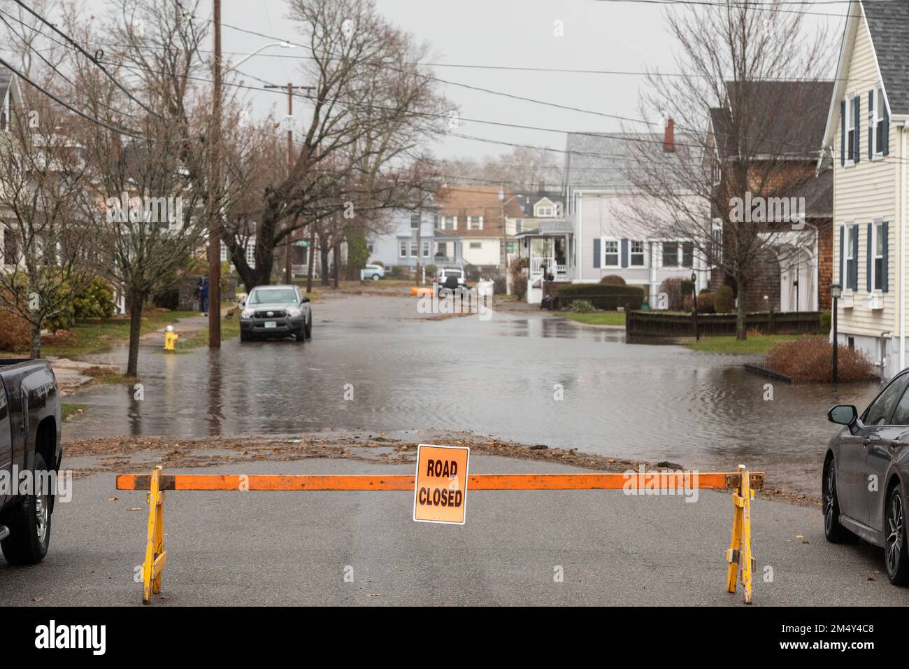 Dec. 23, 2022. Salem, MA. Ocean flooding on streets in Salem Willows