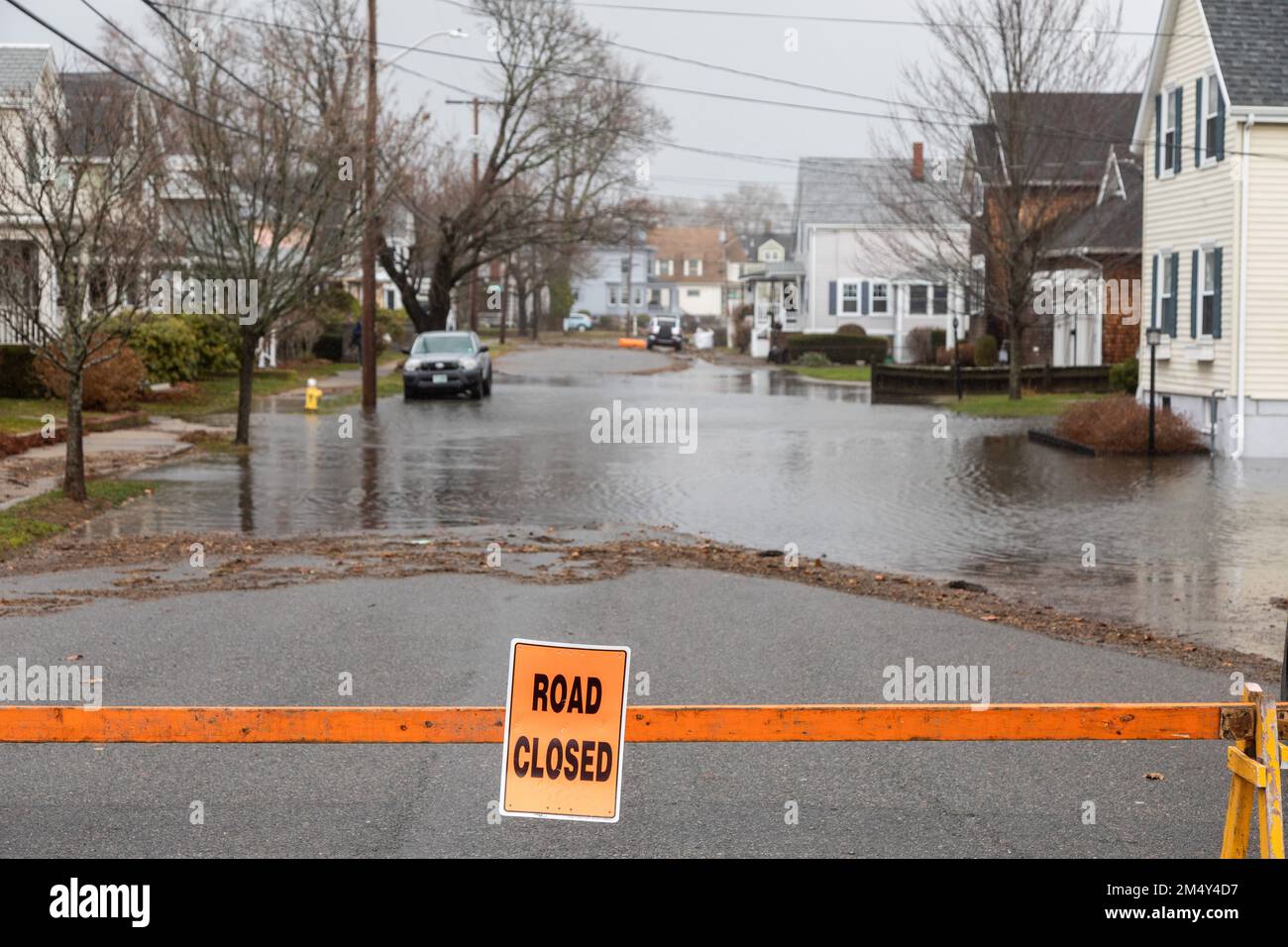 Dec. 23, 2022. Salem, MA. Ocean flooding on streets in Salem Willows during storm at high tide