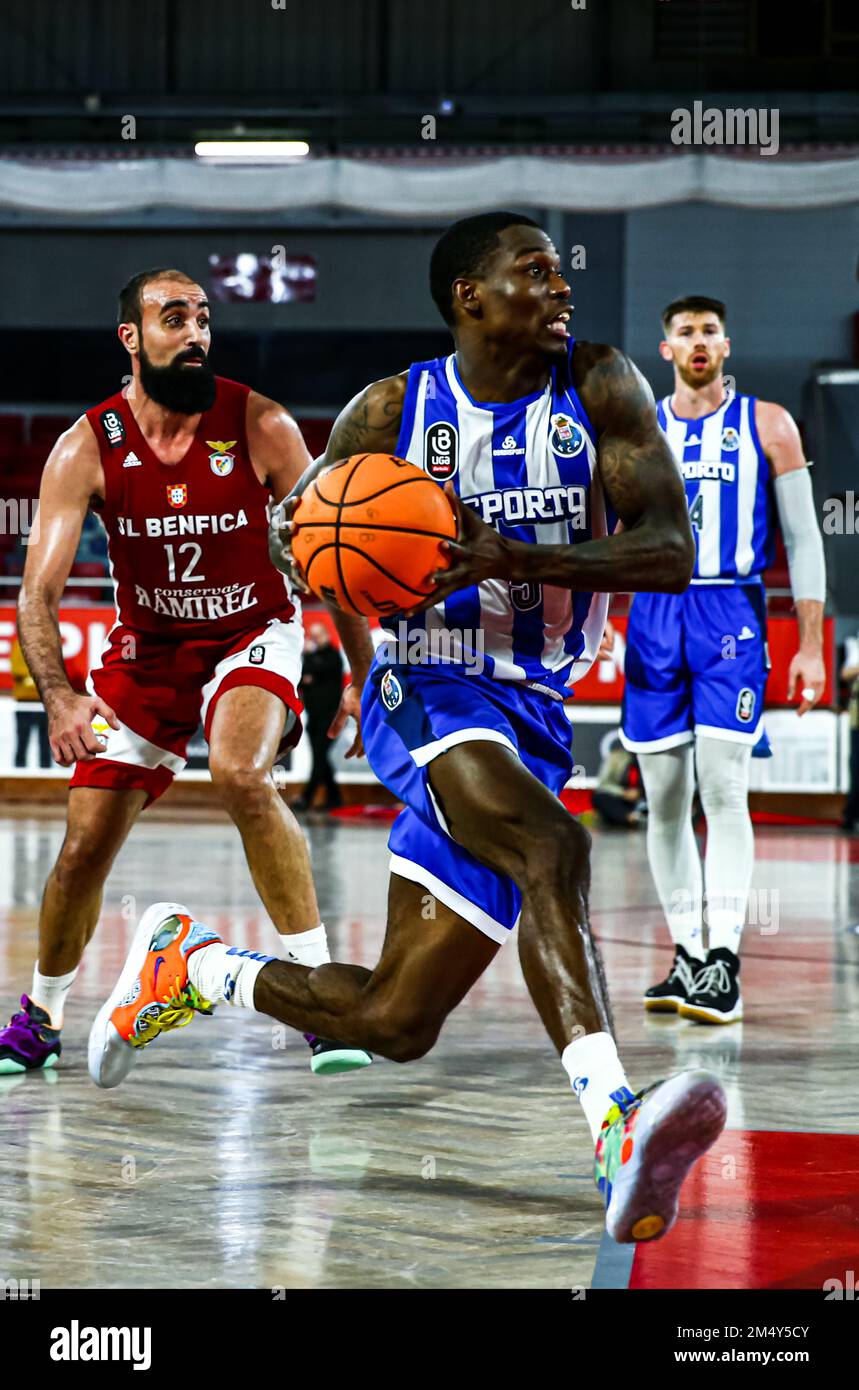Lisbon, Portugal. 23rd Dec, 2022. - The Benfica Basketball hosted FC Porto this evening, in a game counting for the 14th Matchday of the 2022/23 Basketball League National Championship,
