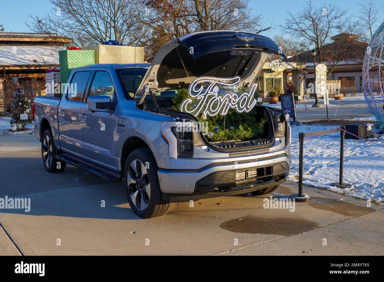 Fored F150 Lightning electric pickup truck on display. Stock Photo
