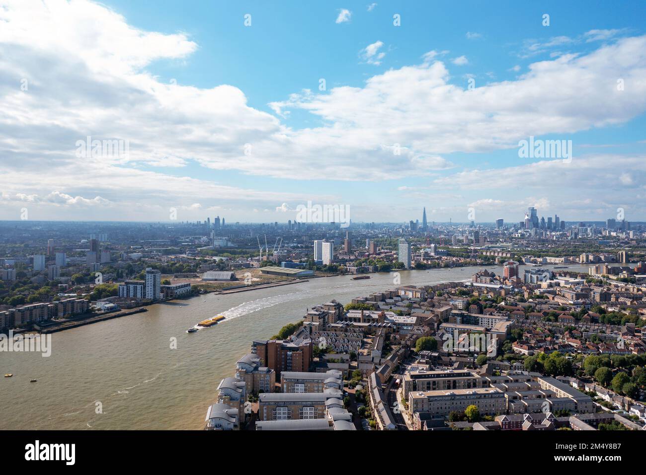 Aerial panoramic skyline Financial district London, cityscape view. Stock Photo