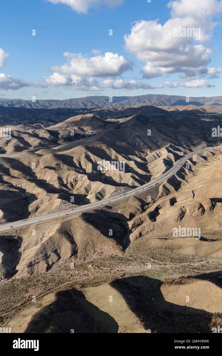 Vertical aerial of the 14 freeway between Santa Clarita and Agua Dulce in Los Angeles County, California. Stock Photo