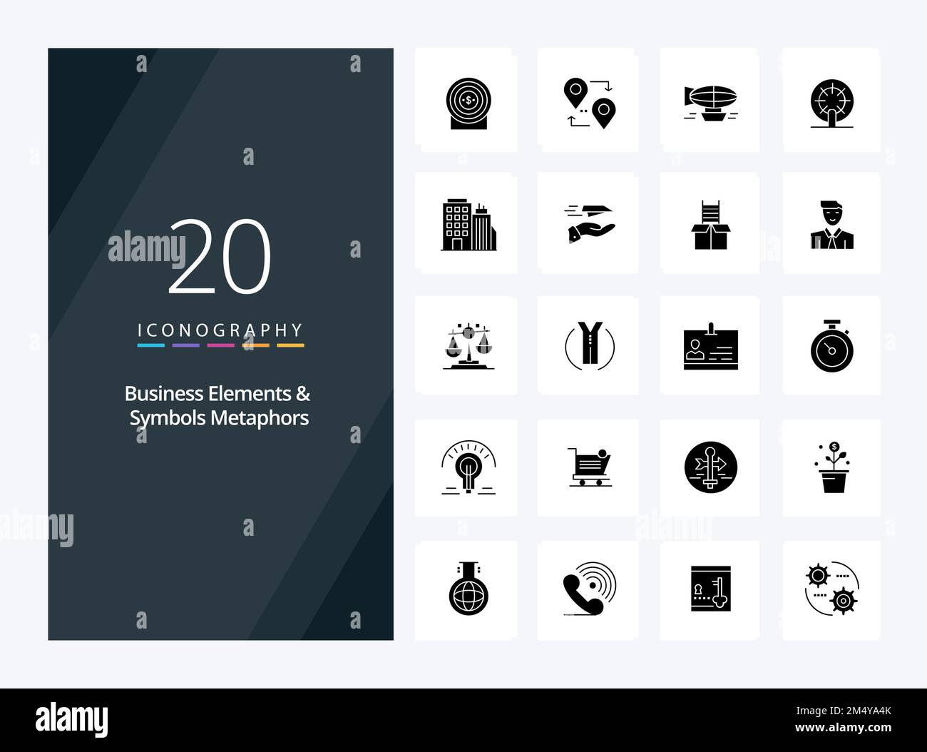 20 Business Elements And Symbols Metaphors Solid Glyph icon for presentation Stock Vector