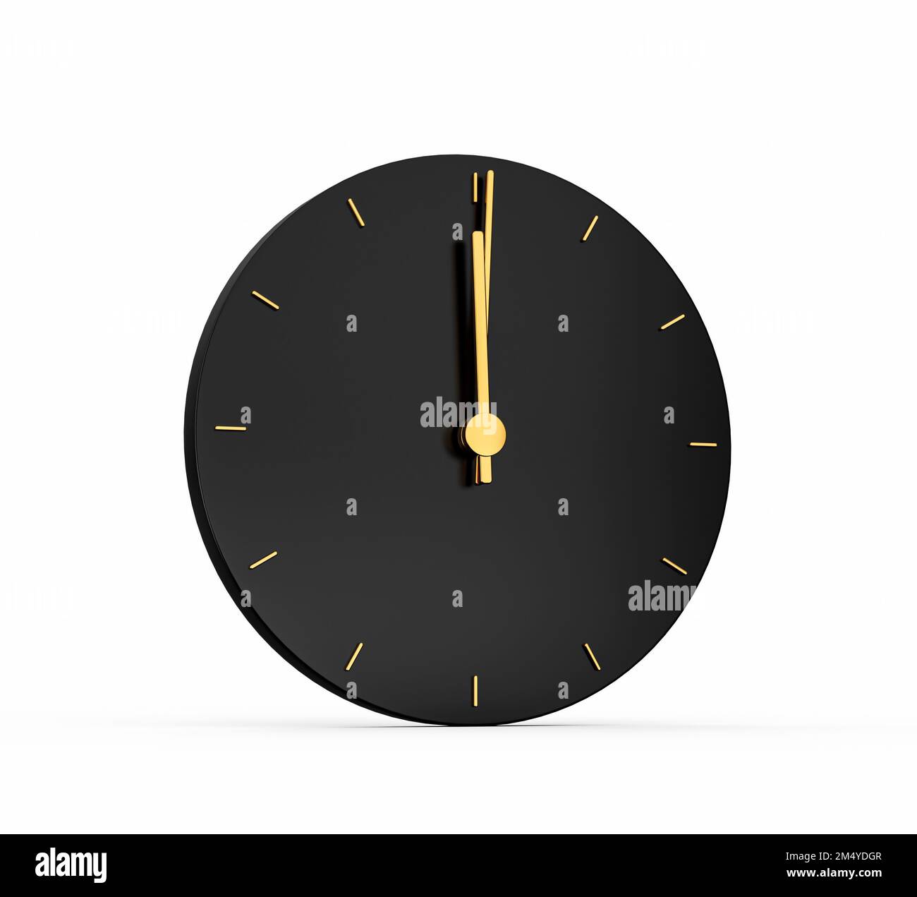 A 3D illustration of a black clock showing 12 o'clock on a white background Stock Photo