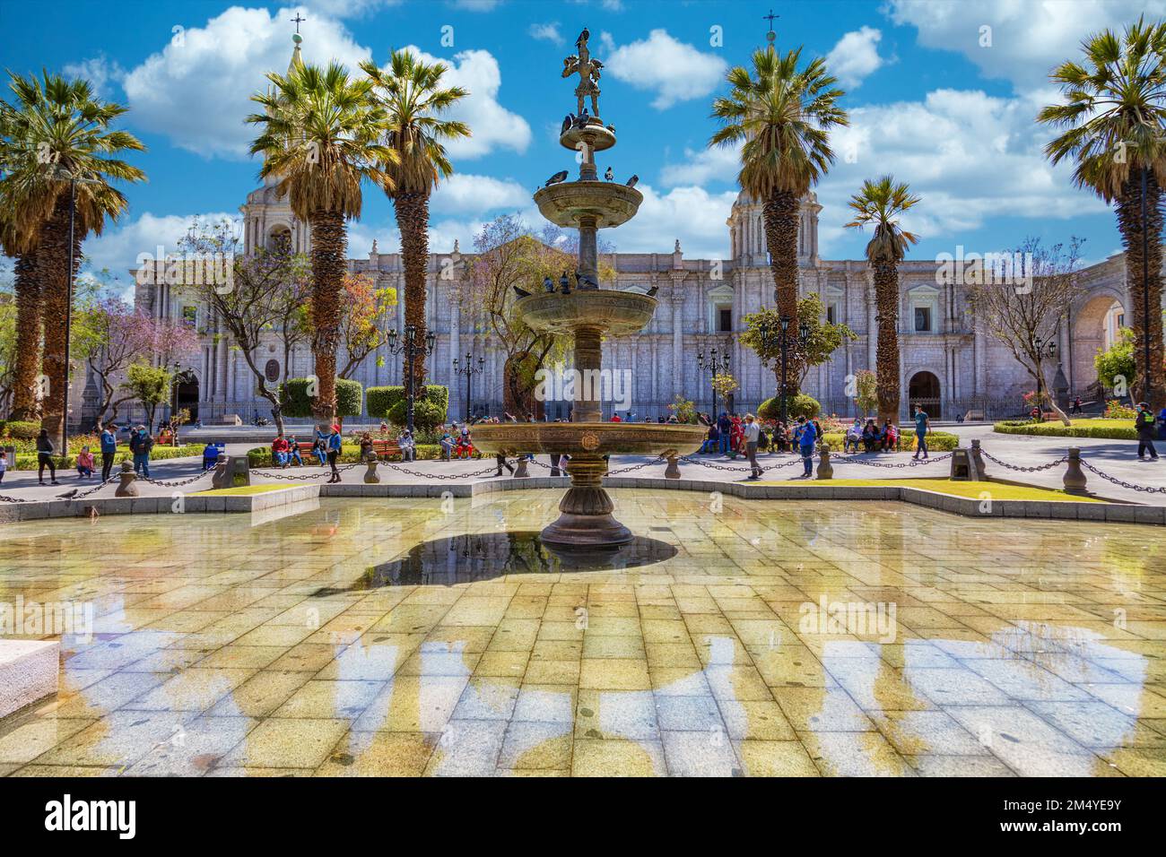 The Plaza de Armas in Arequipa, Peru with the Cathedral and the fountain. Stock Photo