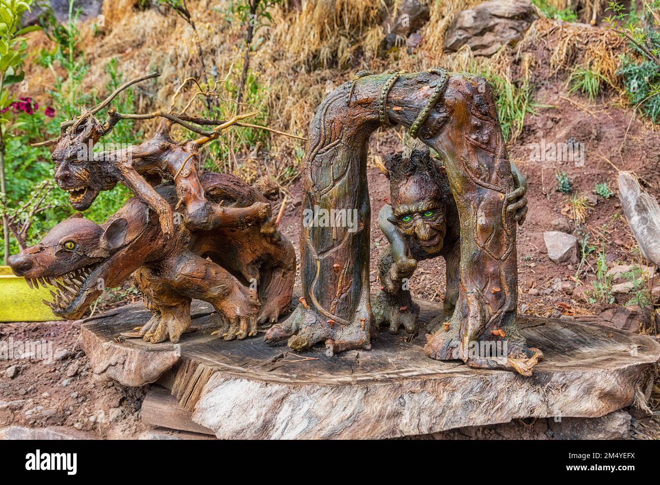 Cusco, Peru - September 26, 2022: Characters from Lord of the Rings have been created from trees and wood at Bosque ENTS Cusco, a new attraction for t Stock Photo