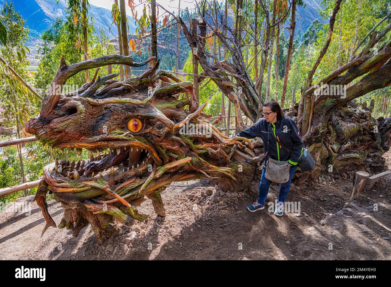 Cusco, Peru - September 26, 2022: Characters from Lord of the Rings have been created from trees and wood at Bosque ENTS Cusco, a new attraction for t Stock Photo