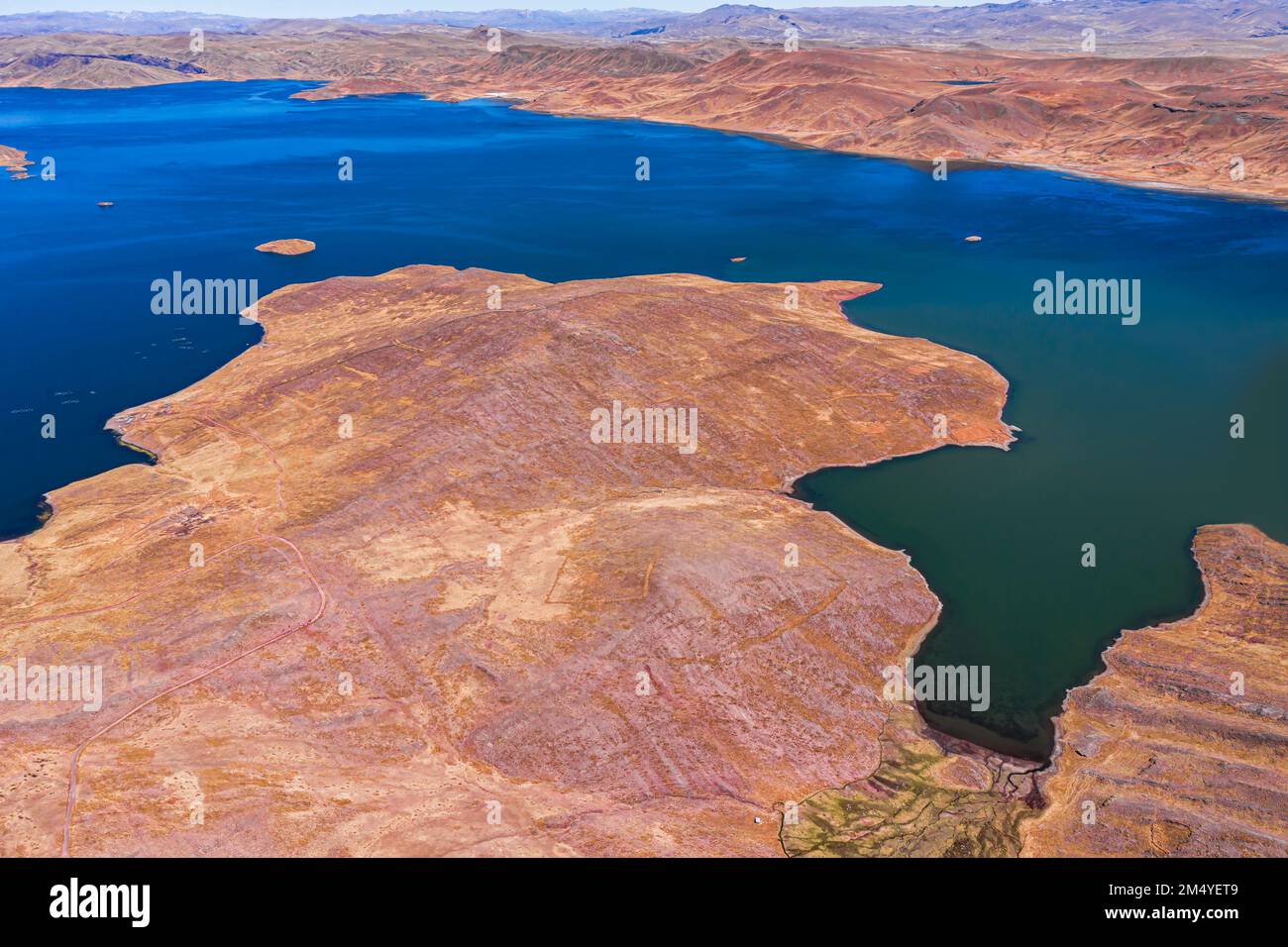 500 meter aerial view of the Laguna Lagunillas in Puno District, Peru