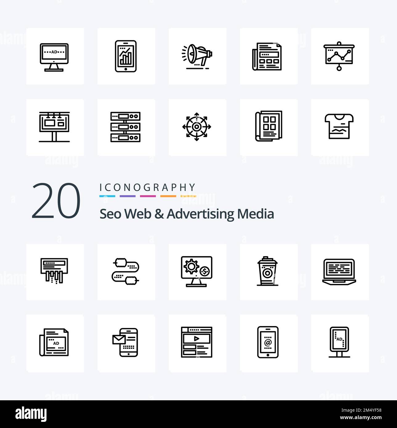 20 Seo Web And Advertising Media Line icon Pack like black coffee mug generator coffee gear Stock Vector