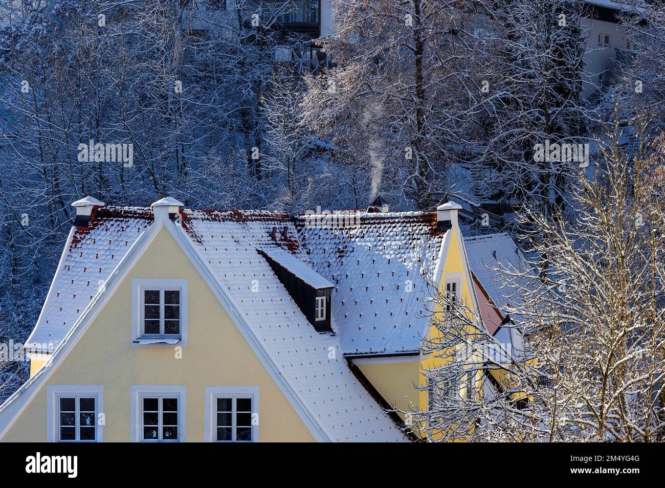 Snow-covered house roof with dormer window, Allgaeu, Bavaria, Germany Stock Photo