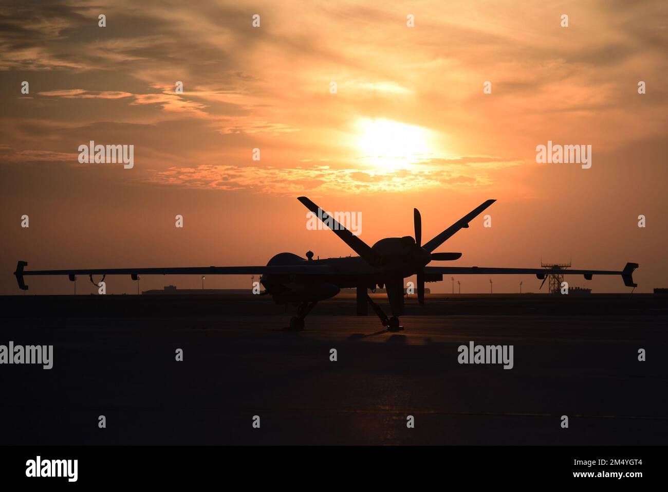 A U.S. Air Force MQ9 Reaper sits on the runway at Al Dhafra Air Base, United Arab Emirates, Dec