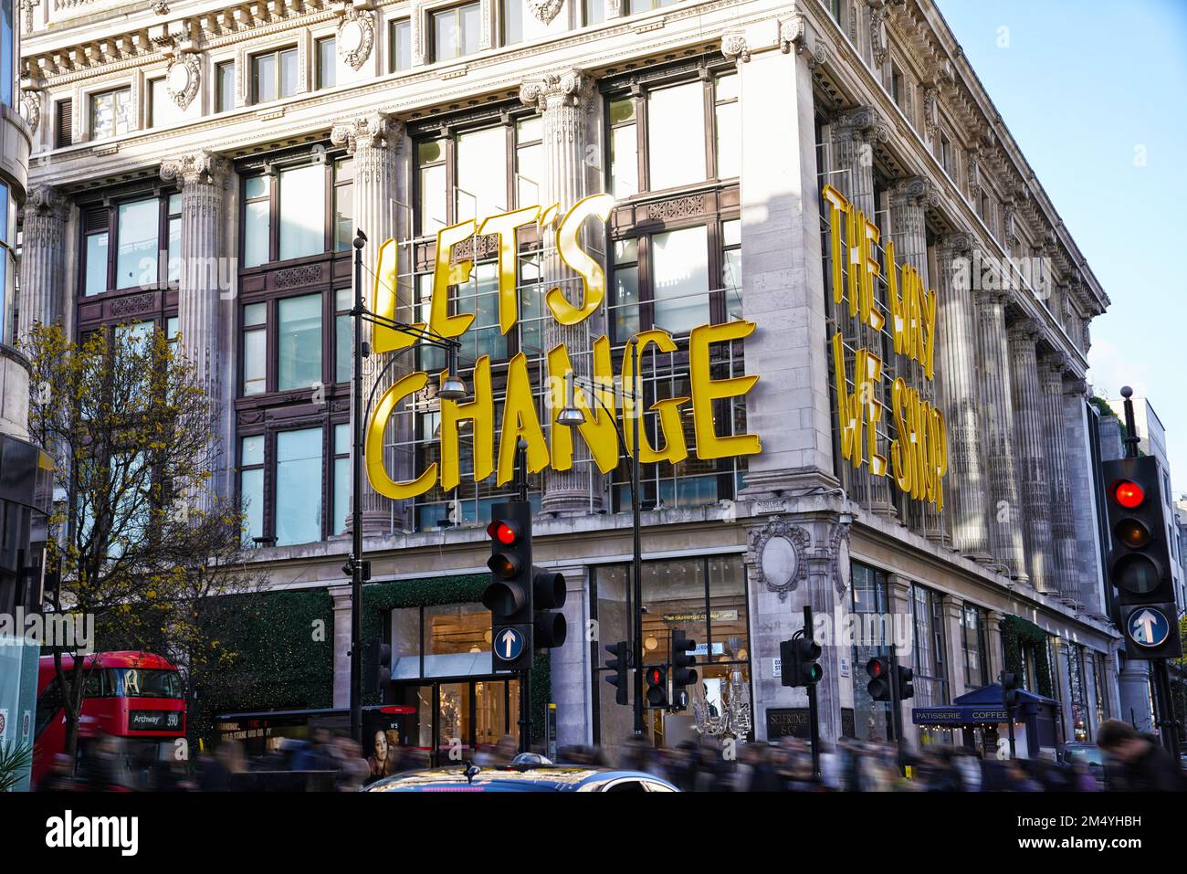 Lets Change The Way We Shop Sign On the Facade Of Selfridges