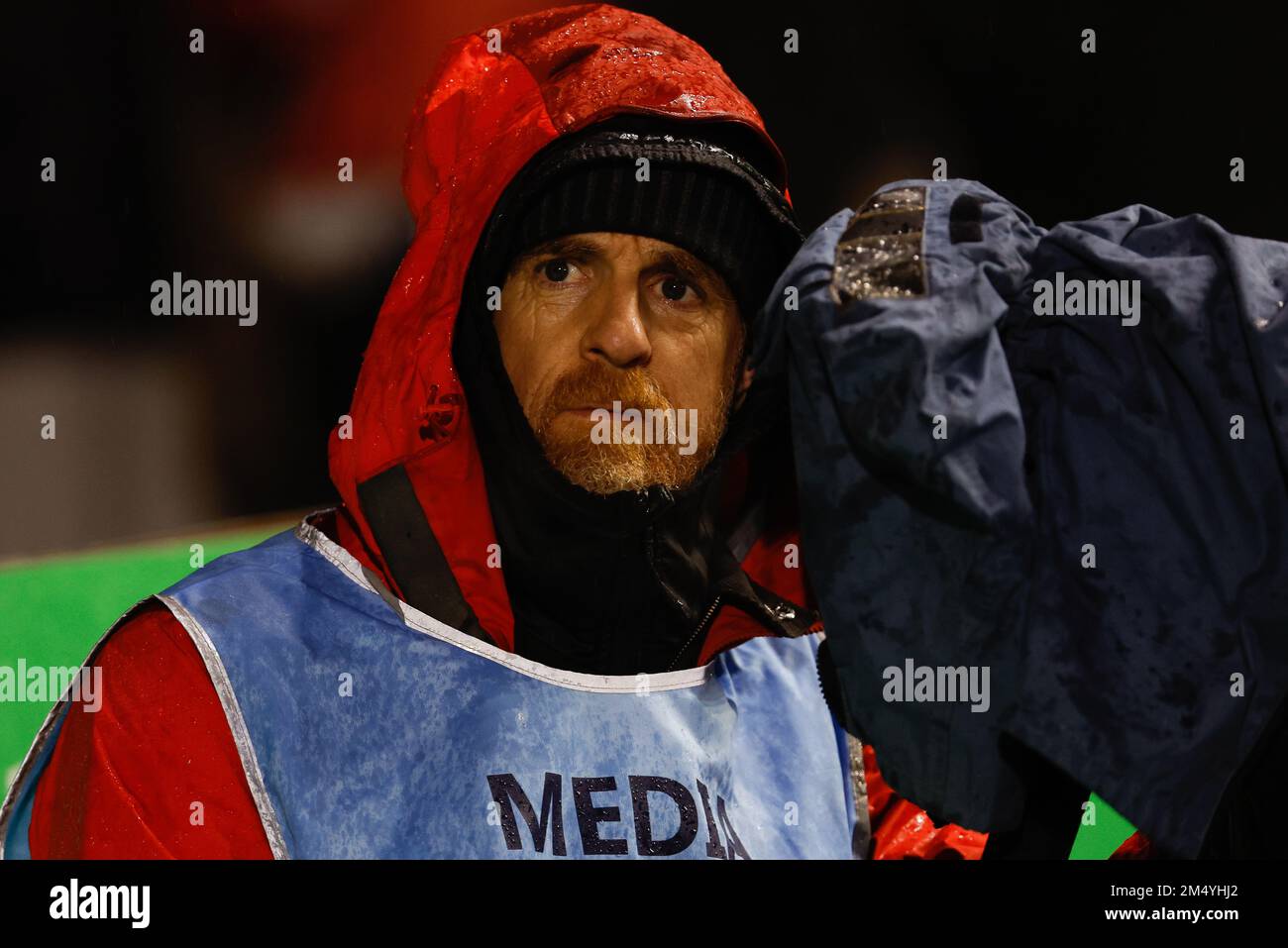 Newcastle, UK. 17th Dec, 2022. Getty photographer, Stu Forster is well wrapped up for an inclement evening of weather during the Gallagher Premiership match between Newcastle Falcons and Sale Sharks at Kingston Park, Newcastle on Friday 23rd December 2022. (Credit: Chris Lishman | MI New) Credit: MI News & Sport /Alamy Live News Stock Photo