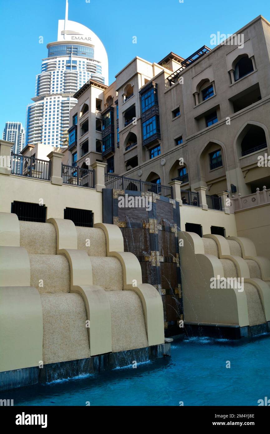 Dubai, United Arab Emirates (UAE), December 2022: Dam gates fountain at the beautiful traditional Downtown Dubai area. Stock Photo