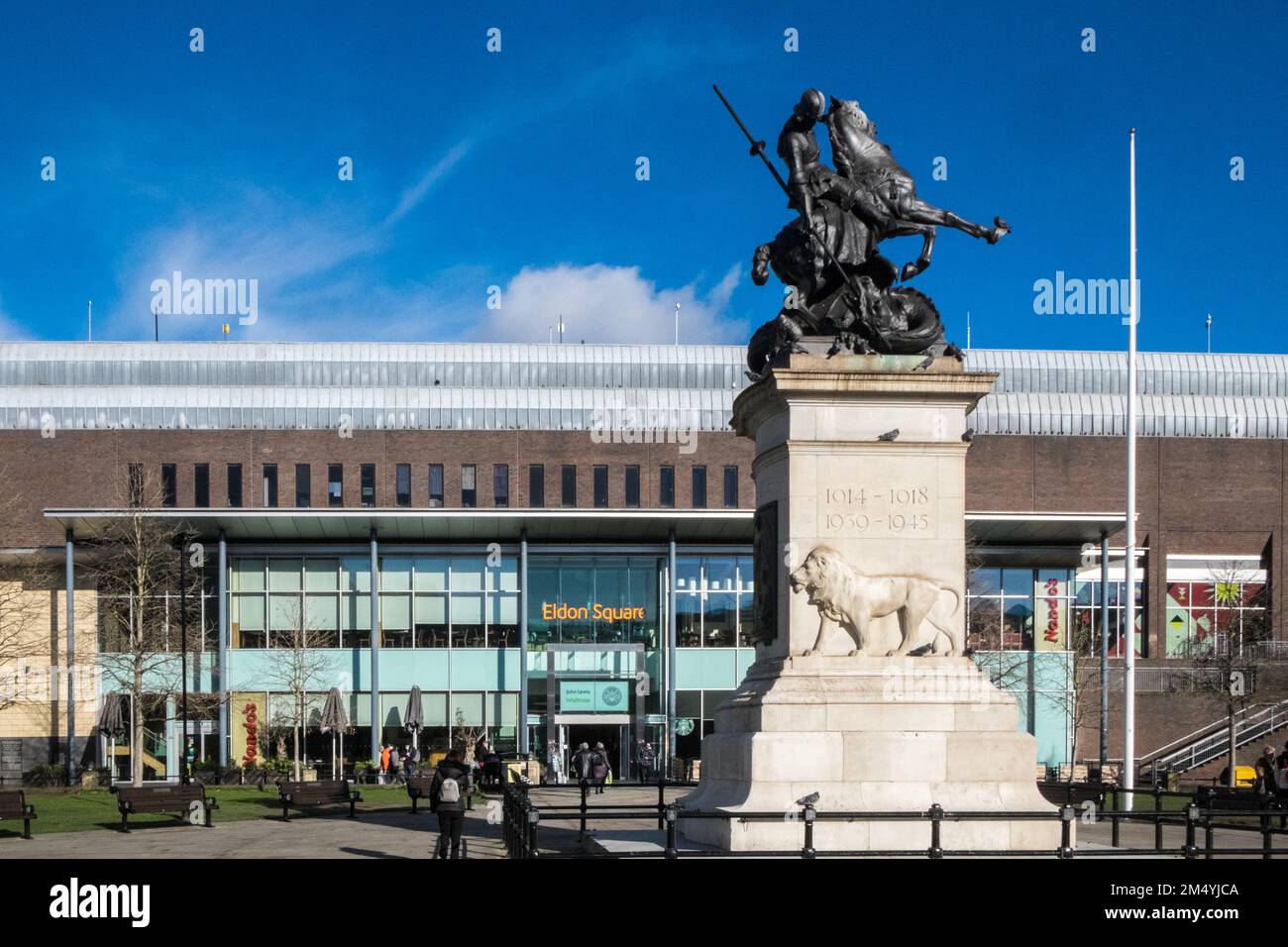 This statue of, St George and Dragon,designed by, Charles Leonard Hartwell,unveiled in1923 as the official City, war memorial, to those from the city who were killed on active service during the, First World War. St George is the patron saint of the Northumberland Fusiliers. Eldon Square,Newcastle upon Tyne,simply,Newcastle, is a, city, and, metropolitan borough, in, Tyne and Wear, England. The city is located on the, River Tyne's, northern bank, and forms the largest part of the, Tyneside, built-up area. Newcastle,populous, city, of, North East England.North England,English, Stock Photo