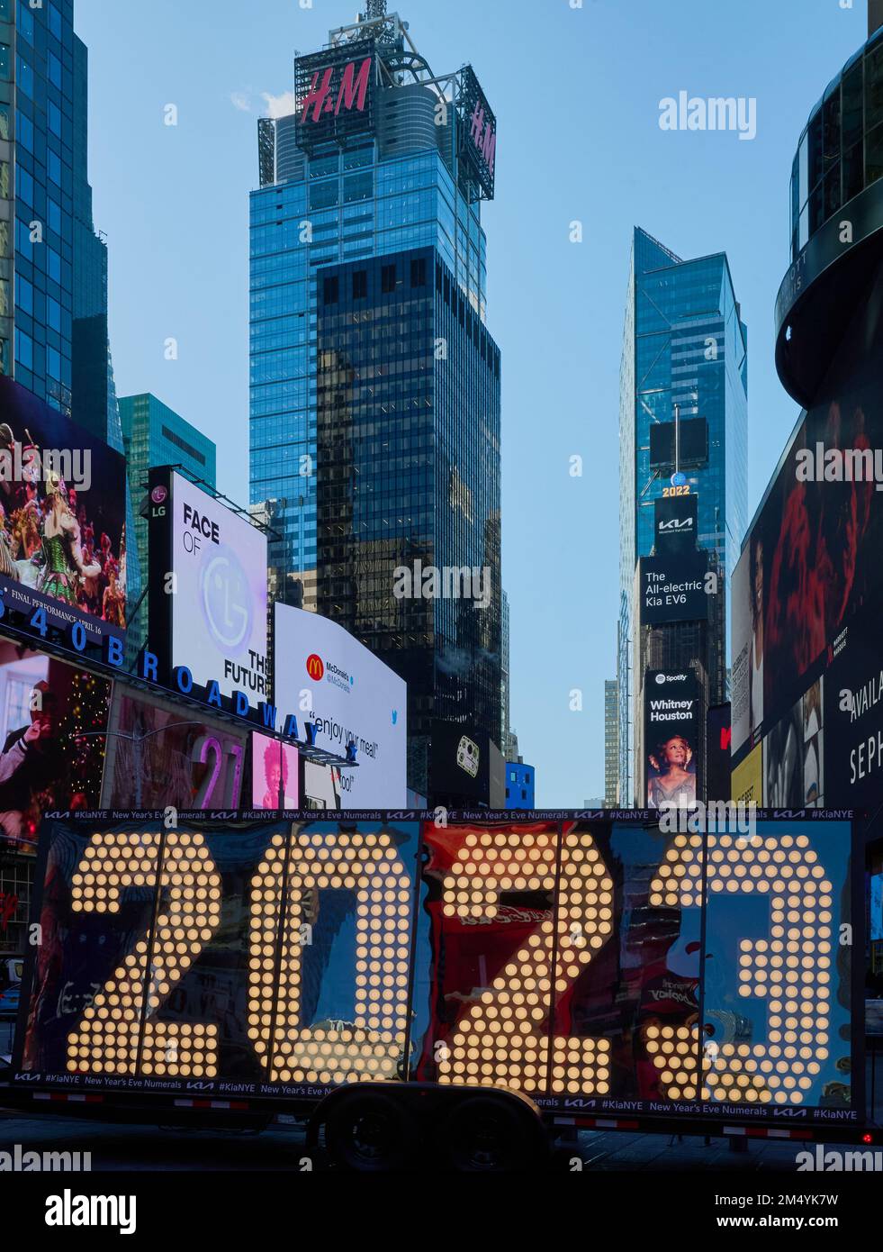 NEW YORK, NY, USA - DECEMBER 20, 2022: New Year's Eve 2023 Numerals Arrive in Times Square. Stock Photo