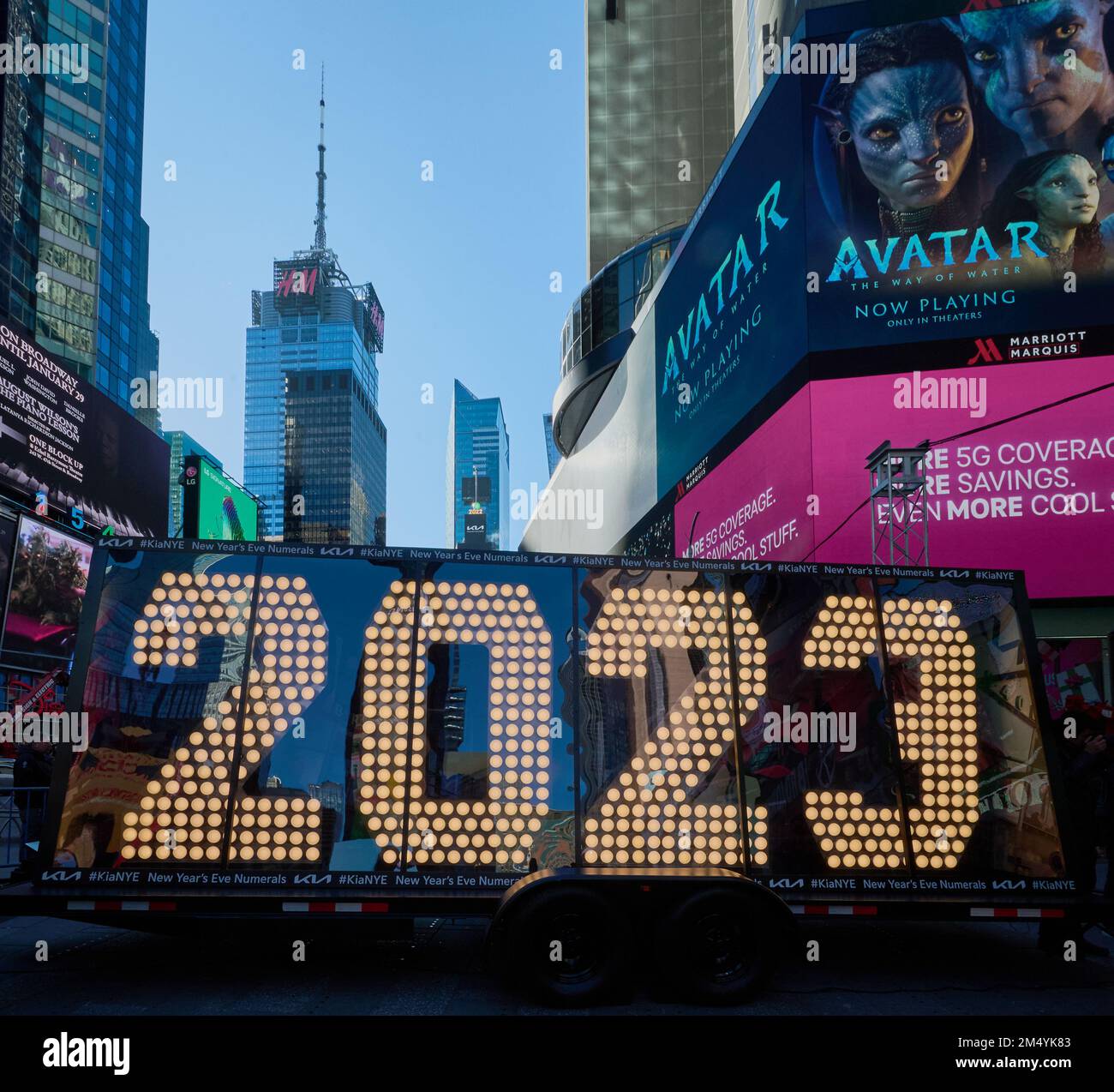 NEW YORK, NY, USA - DECEMBER 20, 2022: New Year's Eve 2023 Numerals Arrive in Times Square. Stock Photo