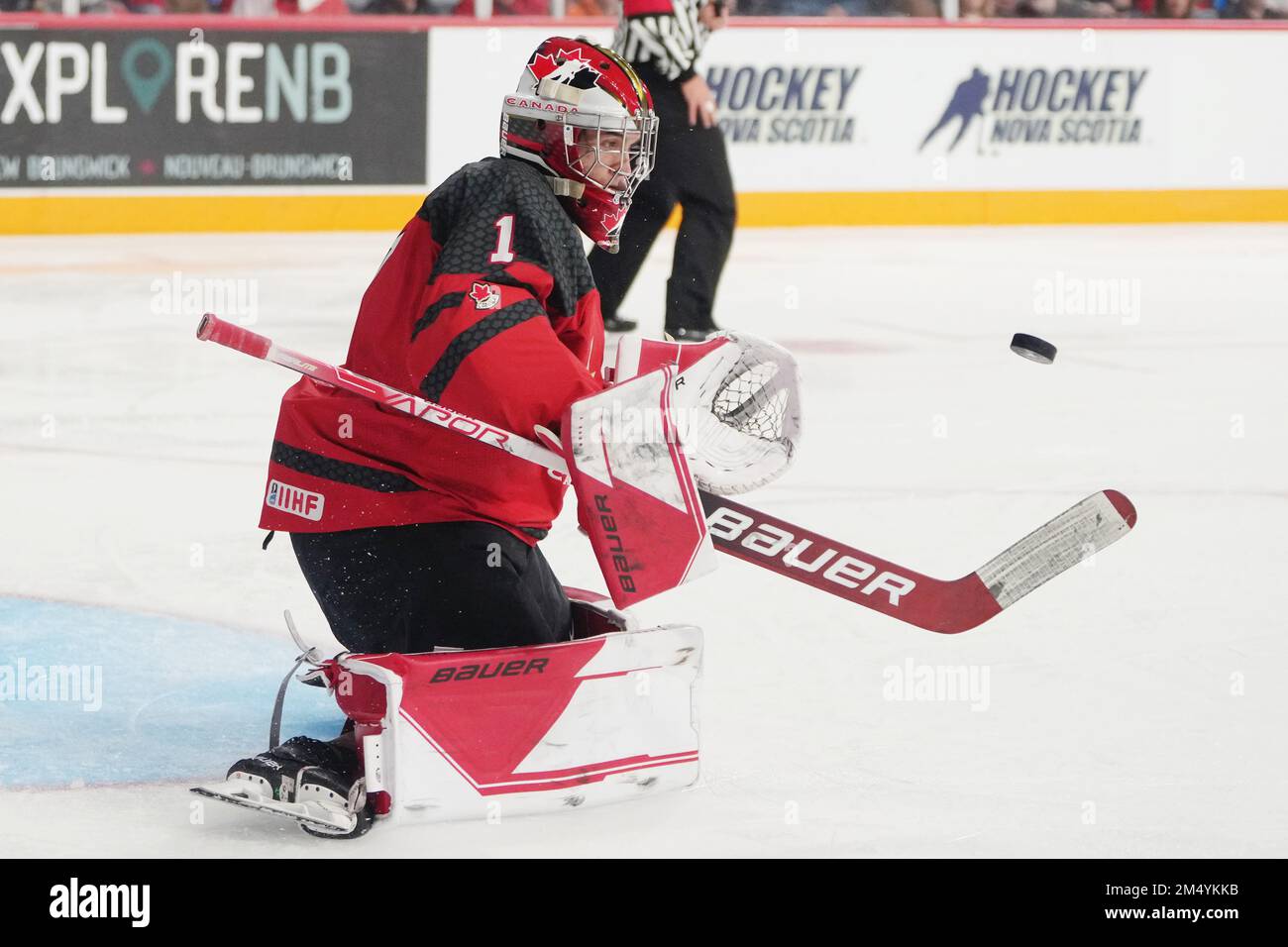 December 23, 2022, Halifax, NS, Canada Canada goaltender Thomas Milic makes a save during first period IIHF World Junior Hockey Championship pre-tournament hockey action against Finland in Halifax on Friday, December 23,