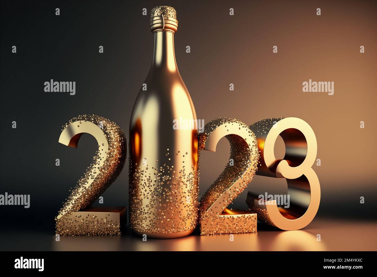 2023 New Year Champagne. Gold daimonds holidays decoration Stock Photo