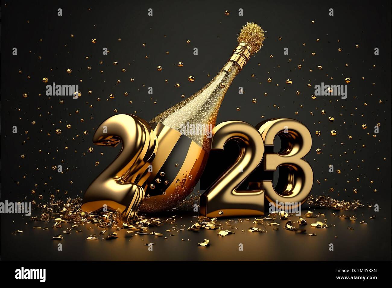 2023 New Year Champagne. Golden holidays decoration dark background Stock Photo