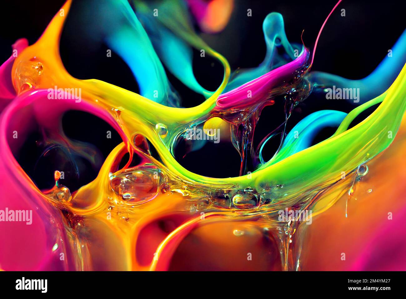 Vibrant Neon Colors Liquid Splashes. Fluorescent Background Stock Photo