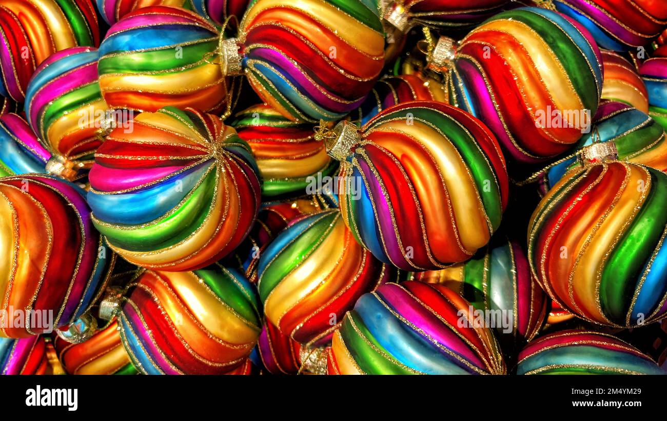 Colorful Christmas tree ornaments baubles. holidays background Stock Photo