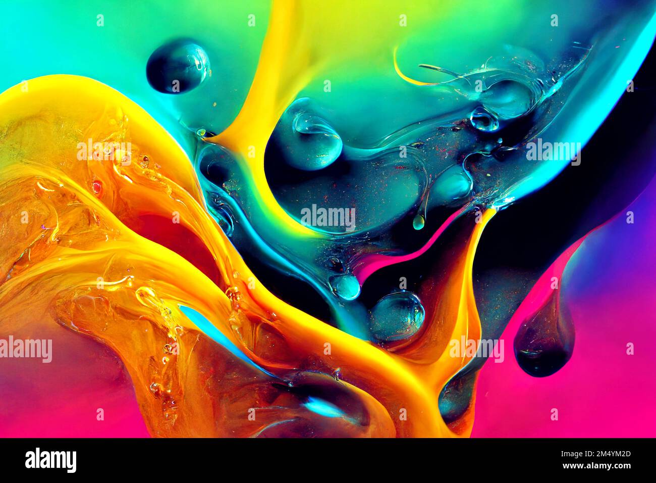 Neon Fluorescent Liquid Splashes. Vibrant Laser Background Stock Photo