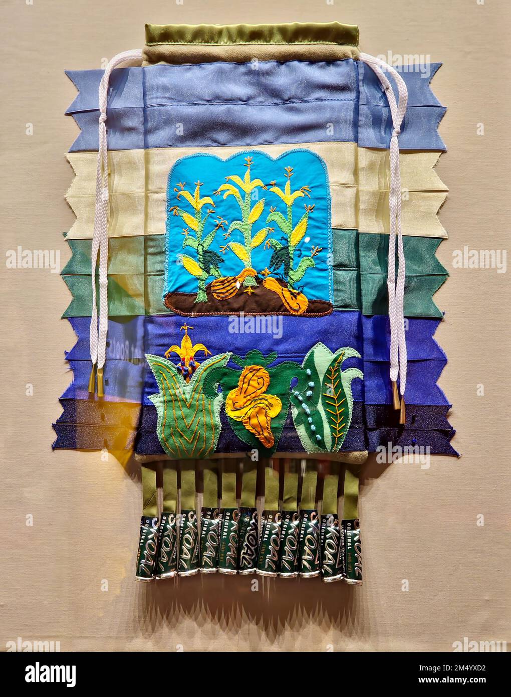 Handcrafted drawstring pouch with appliqued corn and squash designs by Absentee Shawnee Seminole artist Marilyn Lovins in 2020. Stock Photo