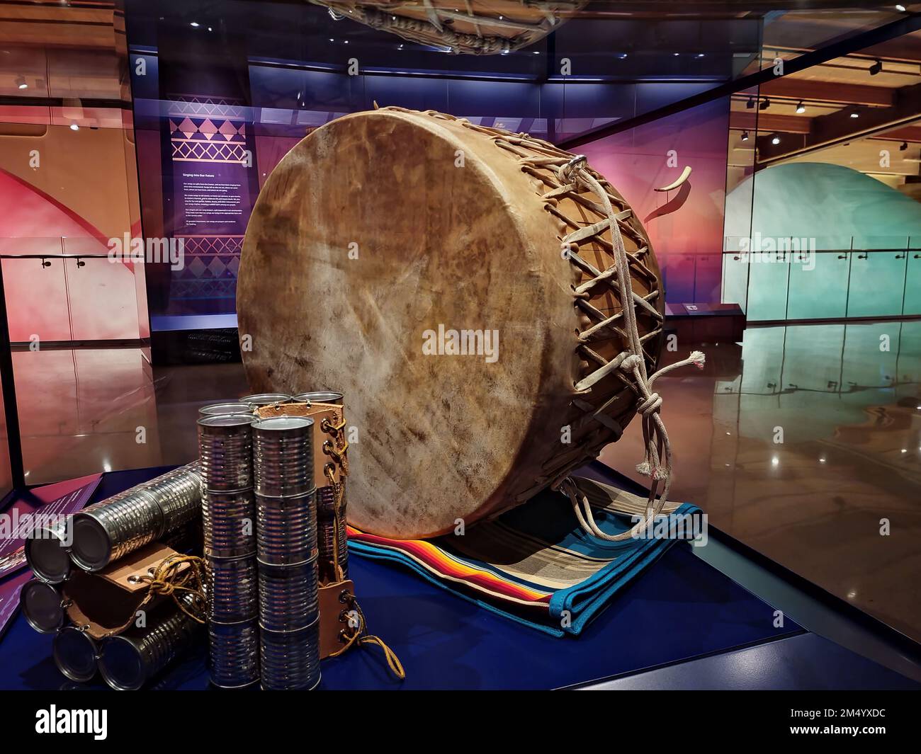 Prairie-style hide drum used at powwows and stomp dance cans on display at the First Americans Museum in Oklahoma City, Oklahoma. Stock Photo