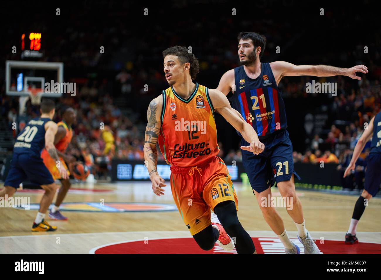 Valencia, Spain. 23rd Dec, 2022. Jonah Radebaugh of Valencia basket (L) and  Alex Abrines of FC Barcelona (R) in action during the J15 Turkish Airlines  Euroleague at Fuente de San Luis Sport