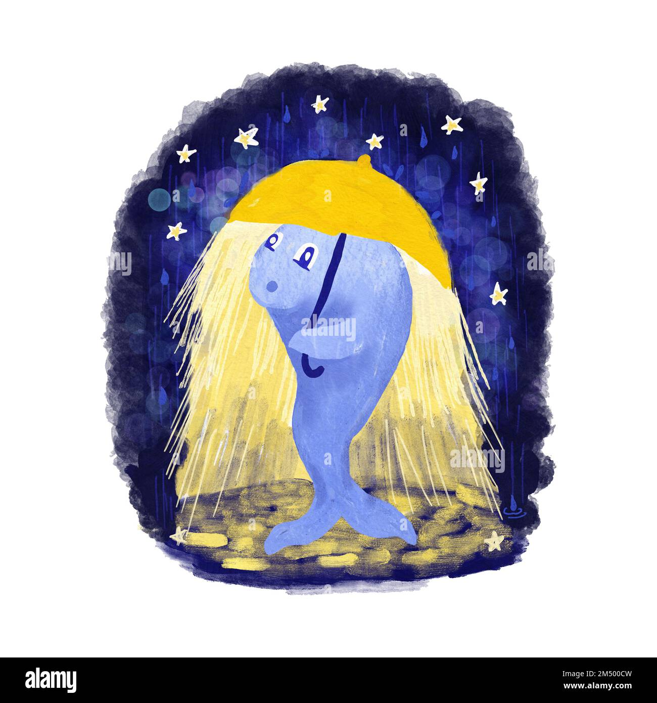 Hand drawn illustration of cute blue whale standing with yellow umbrella in night rain stars. Funny cartoon character for kids children cards poster greeting, kawaii happy print for nursery decoration Stock Photo