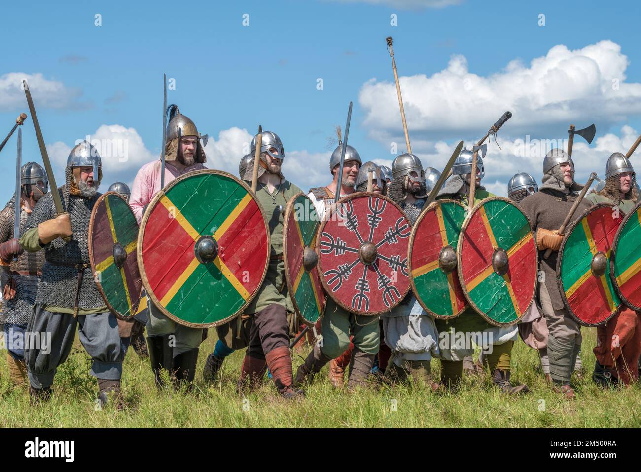 Warriors of the early Middle Ages before the battle. Historical festival 'Epic Coast - 2022'. Tver region Stock Photo