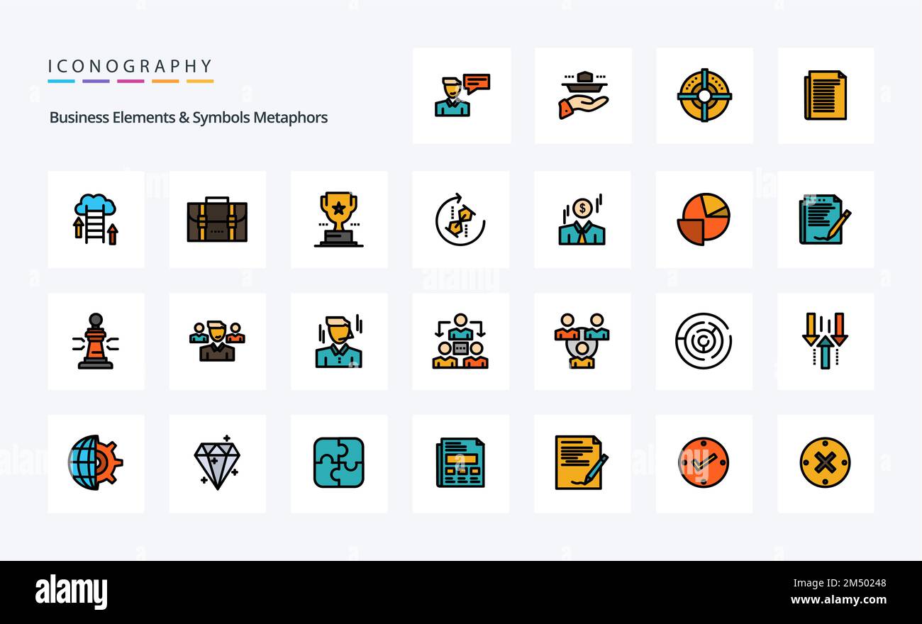 25 Business Elements And Symbols Metaphors Line Filled Style icon pack Stock Vector