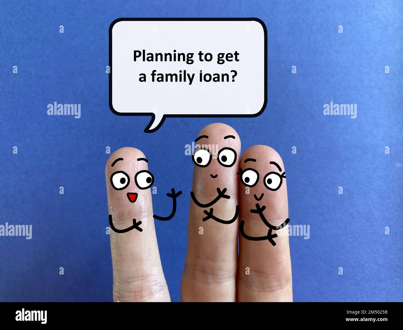 Three fingers are decorated as three person discussing about business and economy. One of them is asking another two person if they are planning to ge Stock Photo