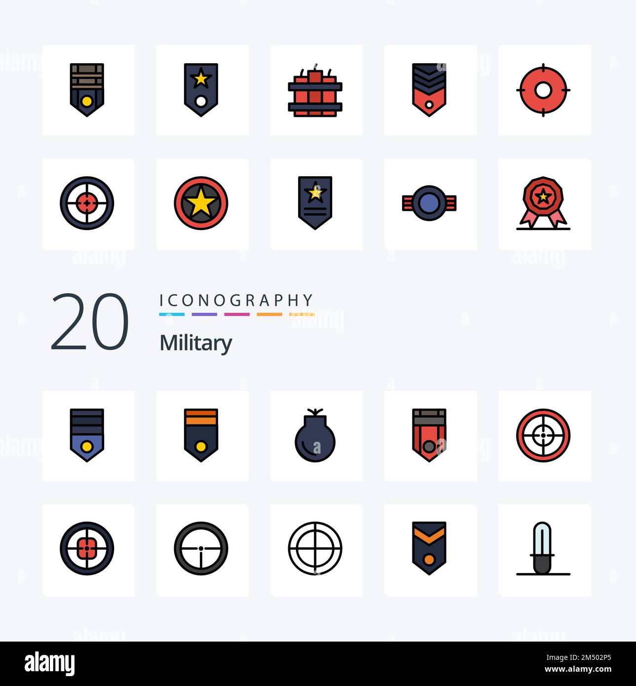 20 Military Line Filled Color icon Pack like badge badge weapons army