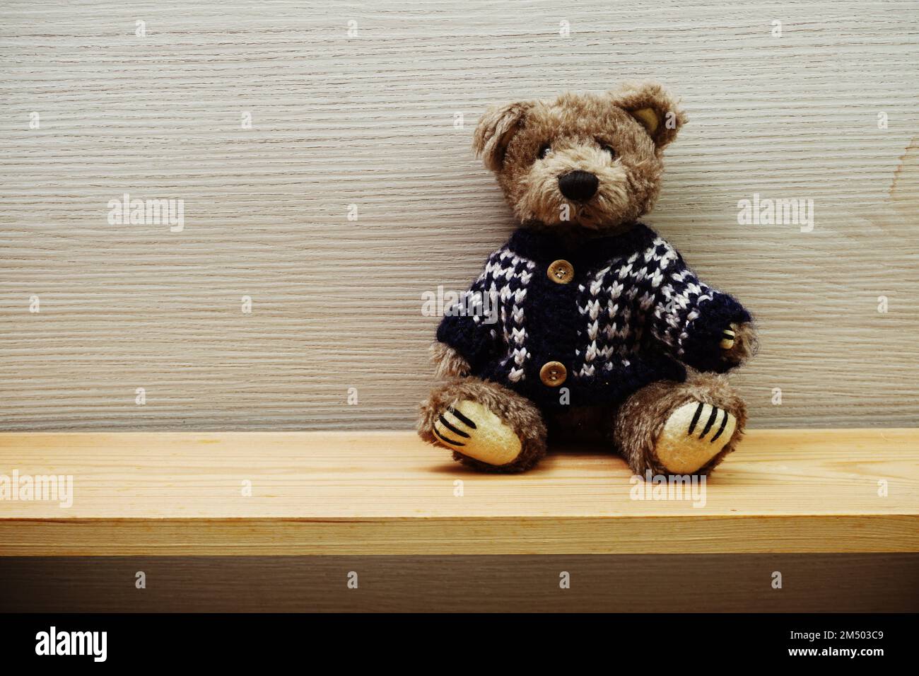 Teddy Bear with space copy on wooden shelves background Stock Photo - Alamy